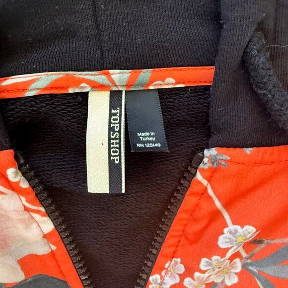 TopShop Floral Front Hooded Sweatshirt US Size 12 Asian Inspired Orange Black - Picture 4 of 7
